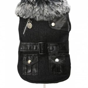 Urban Pup Black Fabric Coat with Fur Collar & Leather Belt